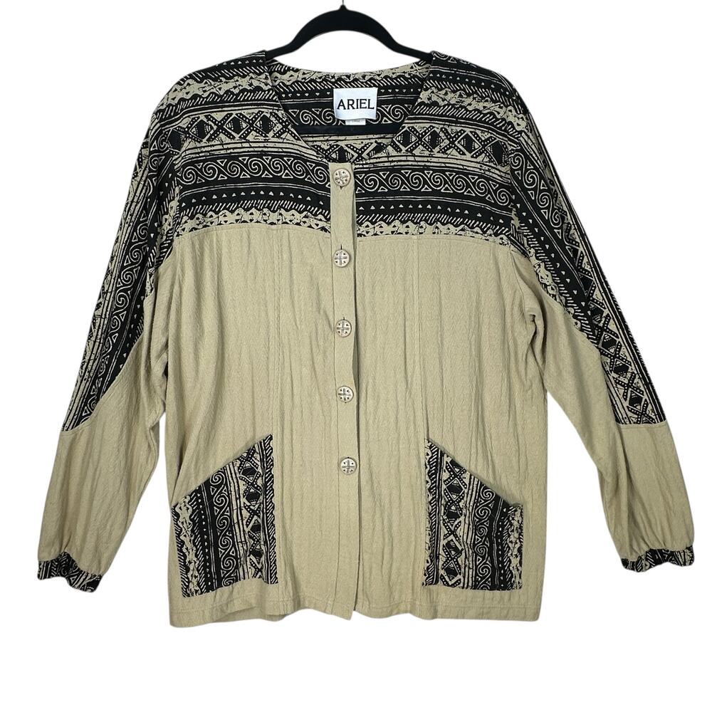 Vintage Ariel Button Top Shirt Womens Large Artsy Art Block Print Tribal Cotton